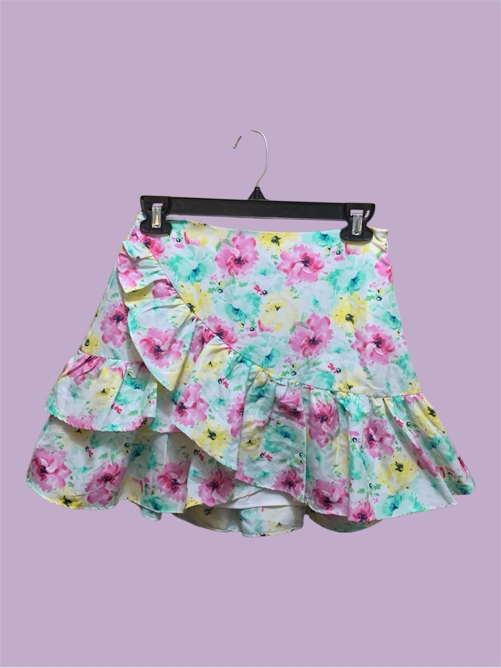 DO+BE Watercolor Floral Asymmetric Ruffled Tier Mini Skirt NWT